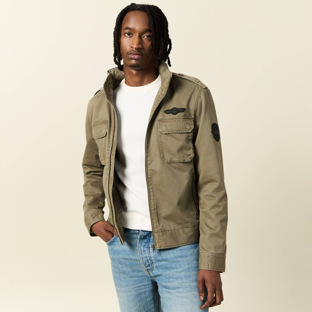 Blouson style biker zipp&eacute; vert kaki homme