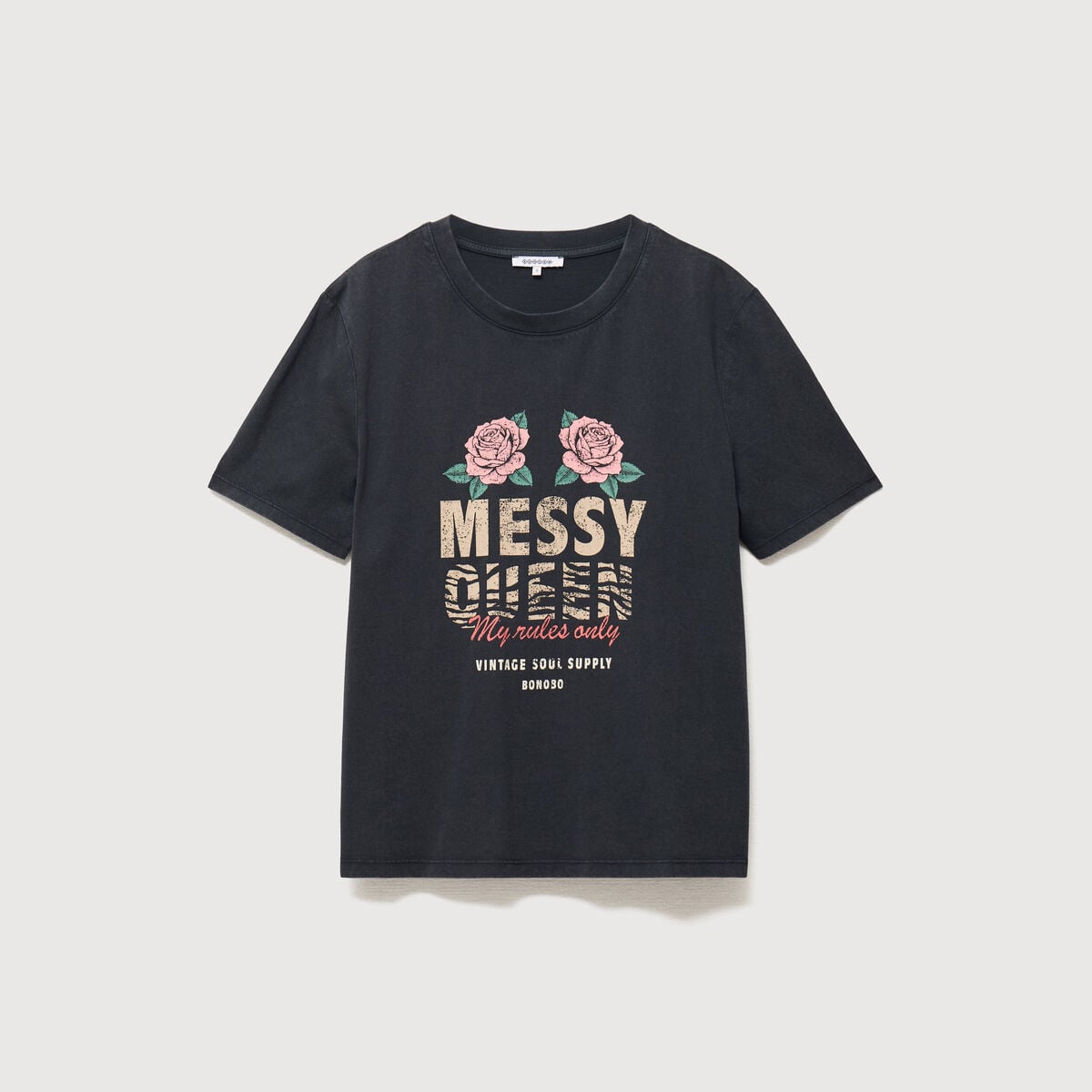 T-shirt droit col rond manches courtes noir femme