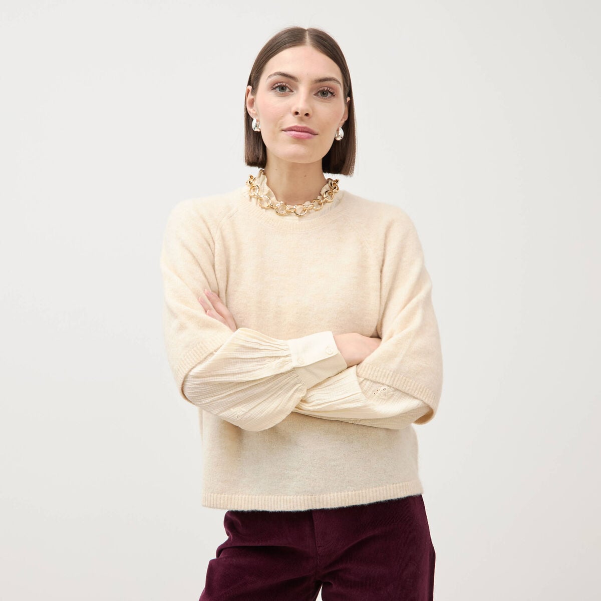 Pull droit col rond manches courtes ivoire femme