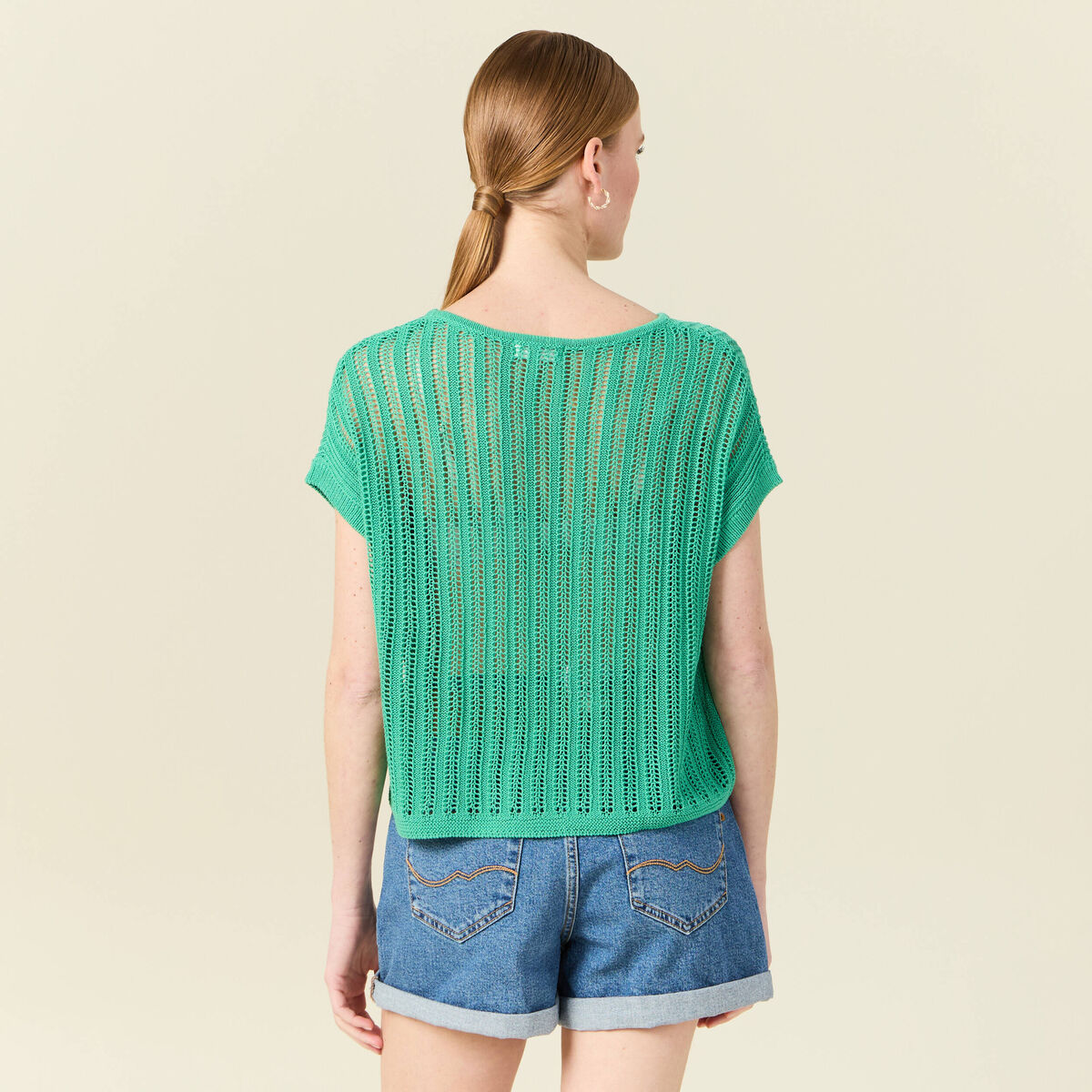 Pull oversize ajour&eacute; col bateau vert menthe femme