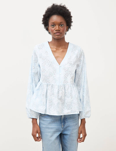 Chemise col v manches longues en coton blanc femme