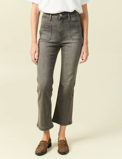 Jeans bootcut cropped taille haute denim gris femme