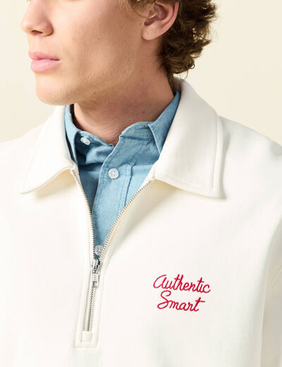 Sweat manches longues col zipp&eacute; en coton ecru homme