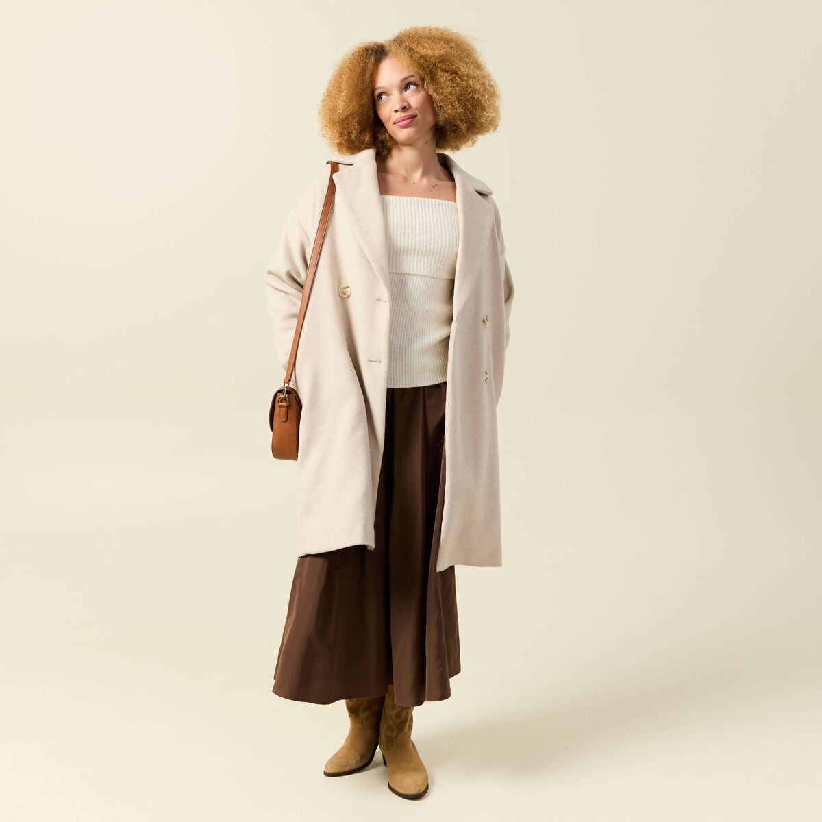 Pull manches longues col bardot ecru femme