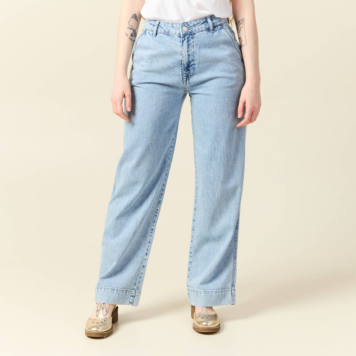 Jeans large denim bleach femme