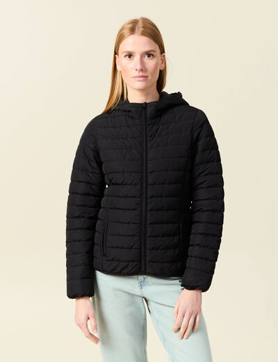 Doudoune ajustée mi-longue à capuche noir femme
