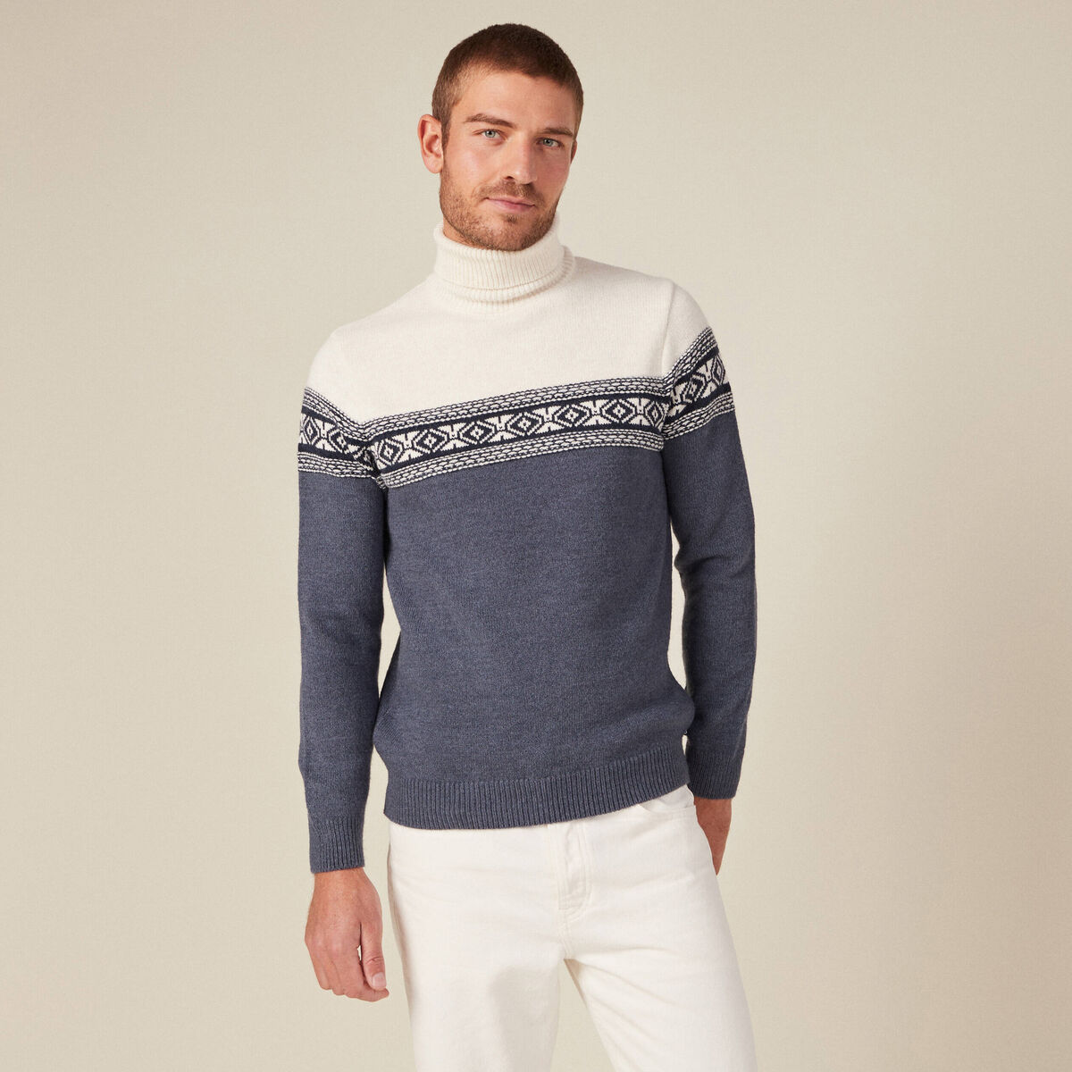 Pull manches longues col roulé ecru homme