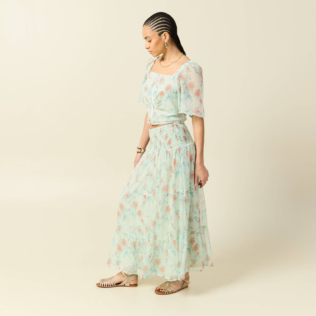 Top cintr&eacute; court voile col carr&eacute; vert pastel femme