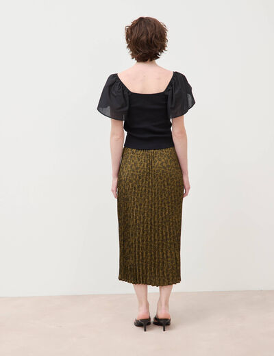 Jupe longue droite pliss&eacute;e vert kaki femme