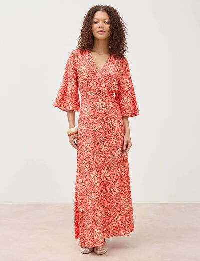 Robe col v manches longues rouge corail femme