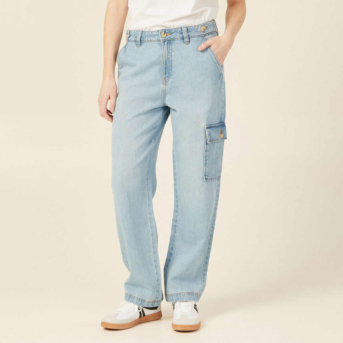 Jeans cargo 5 poches denim bleach femme