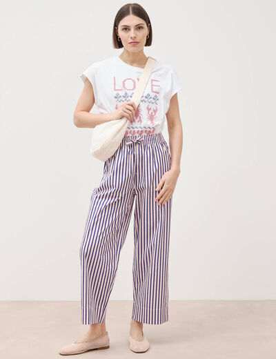 Pantalon large taille haute en coton blanc femme