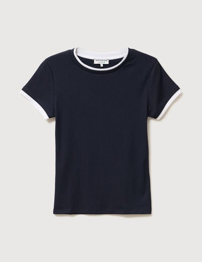 T-shirt cintr&eacute; col rond manches courtes bleu marine femme