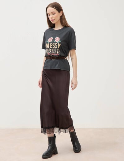 Jupe droite longue satin&eacute;e marron fonc&eacute; femme