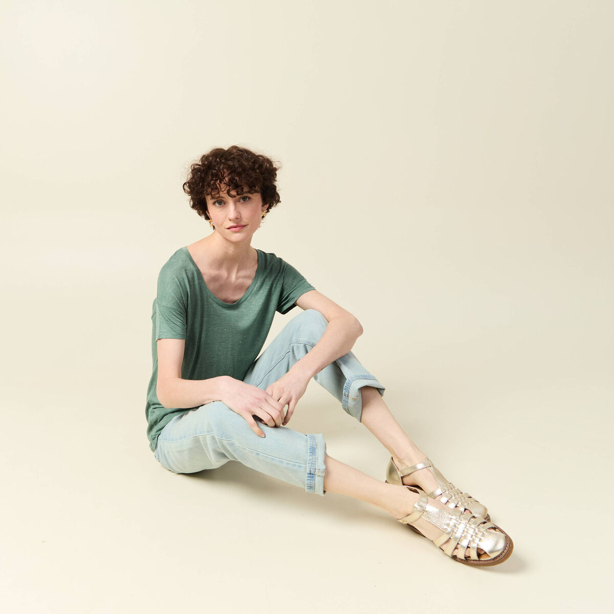 T-shirt manches courtes brillant vert foncé femme