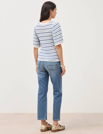 Pull col bateau manches courtes bleu femme