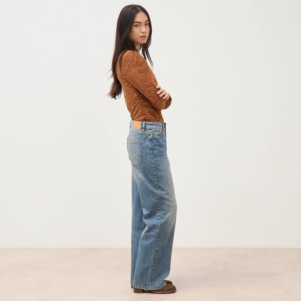 Jeans wide leg strass taille standard bleu femme