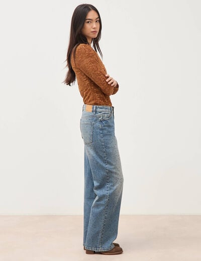 Jeans wide leg strass taille standard bleu femme