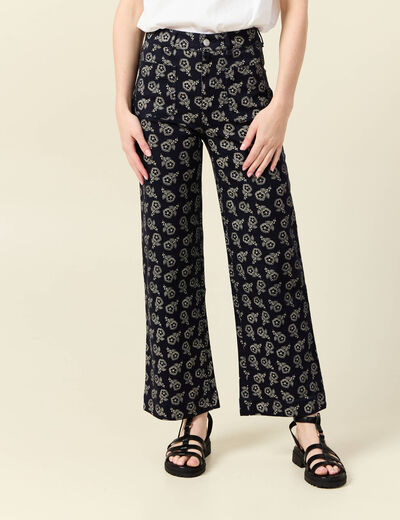 Pantalon large cropped taille haute bleu marine femme