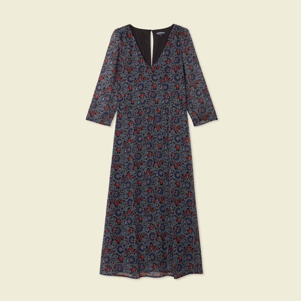 Robe longue évasée col en V noir femme