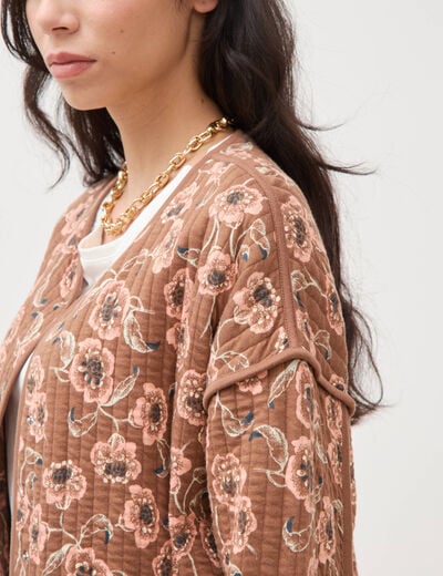 Veste droite manches longues col rond camel femme
