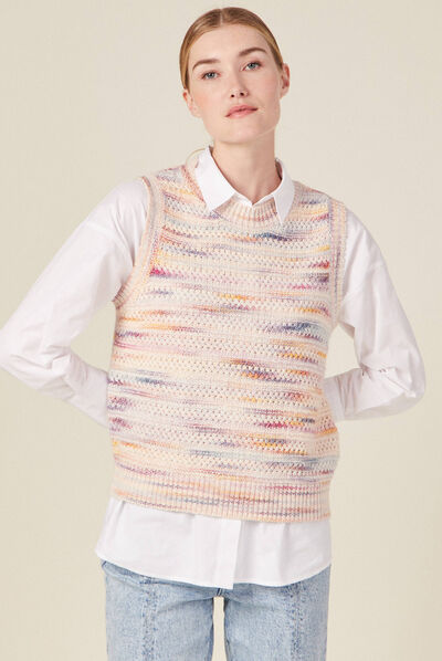 Pull sans manches ajouré creme femme