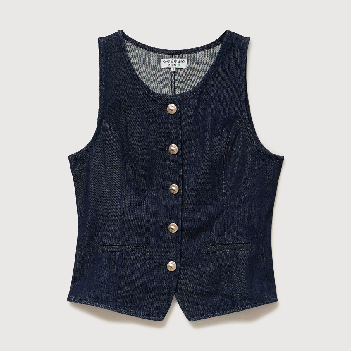 Gilet en jeans sans manches col rond denim brut femme
