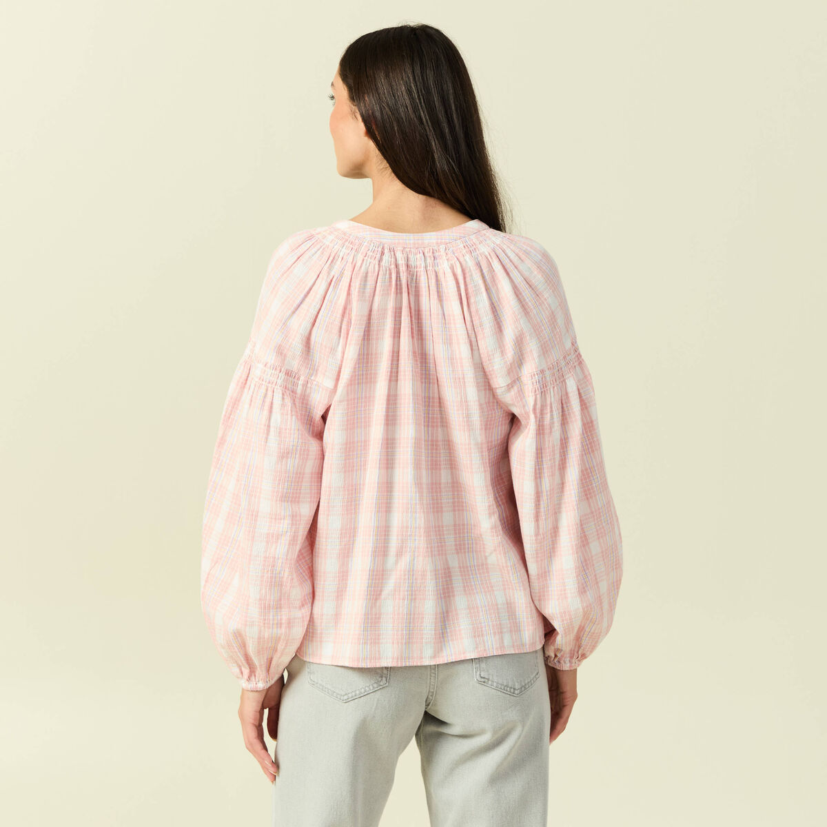 Blouse en coton &agrave; carreaux blanc femme