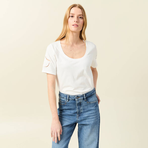 t shirt manches courtes brode ecru femme T-shirt manches courtes brodé ecru femme