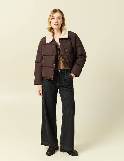 Gilet col V manches longues n&oelig;uds marron femme