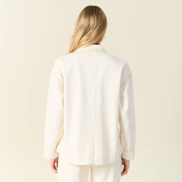 blouson boutonne brode denim blanc femme Blouson boutonné brodé denim blanc femme