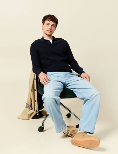 Pull droit col polo manches longues bleu marine homme