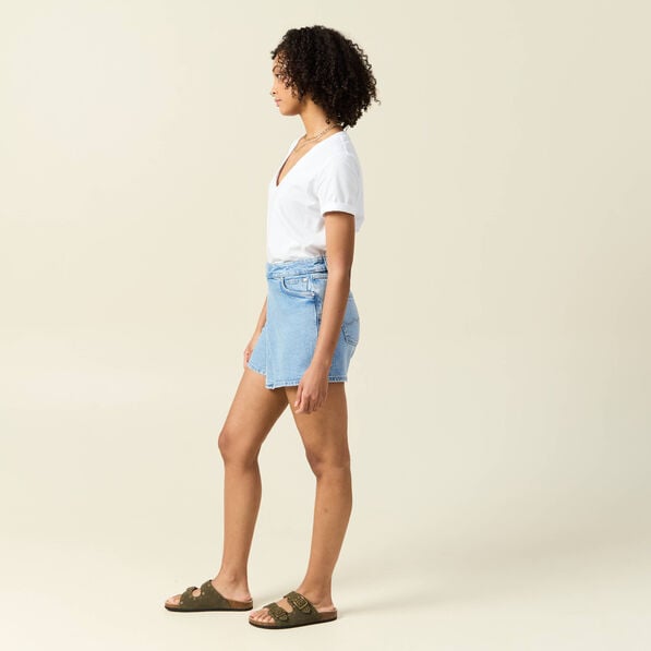 jupe short droite en jean denim bleach femme Jupe-short droite en jean denim bleach femme