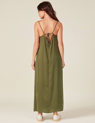 Robe longue droite satin vert kaki femme