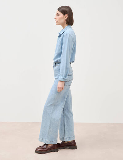 Jeans large taille haute denim bleach femme