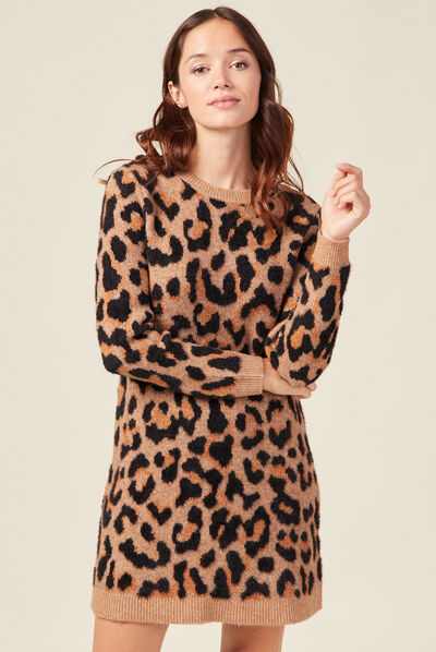 Robe pull droite col rond marron clair femme