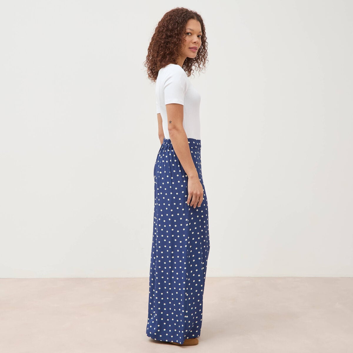 Pantalon large taille haute bleu marine femme