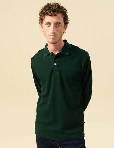 Polo manches longues en coton vert fonc&eacute; homme