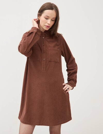 Robe velours manches longues col montant marron fonc&eacute; femme