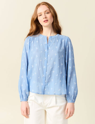 Blouse manches longues brodée bleu ciel femme