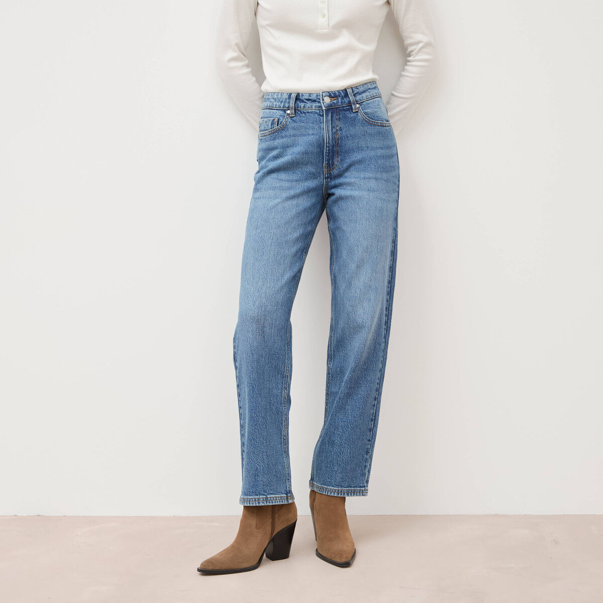 Jeans straight 7/8&egrave;me taille haute denim stone femme