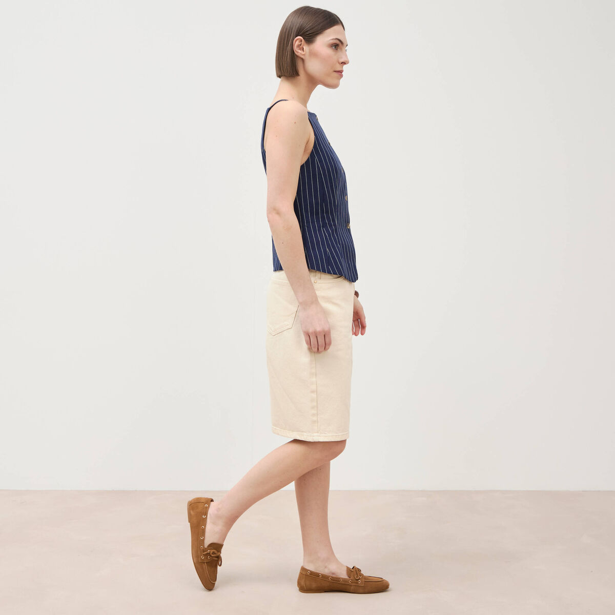 D&eacute;bardeur cintr&eacute; col carr&eacute; &agrave; bretelles bleu femme