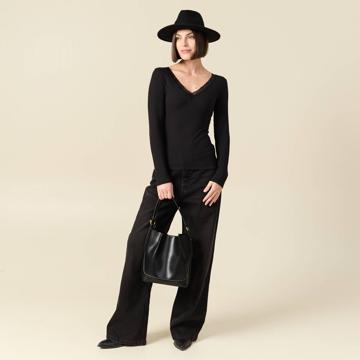Jeans large taille haute denim noir femme