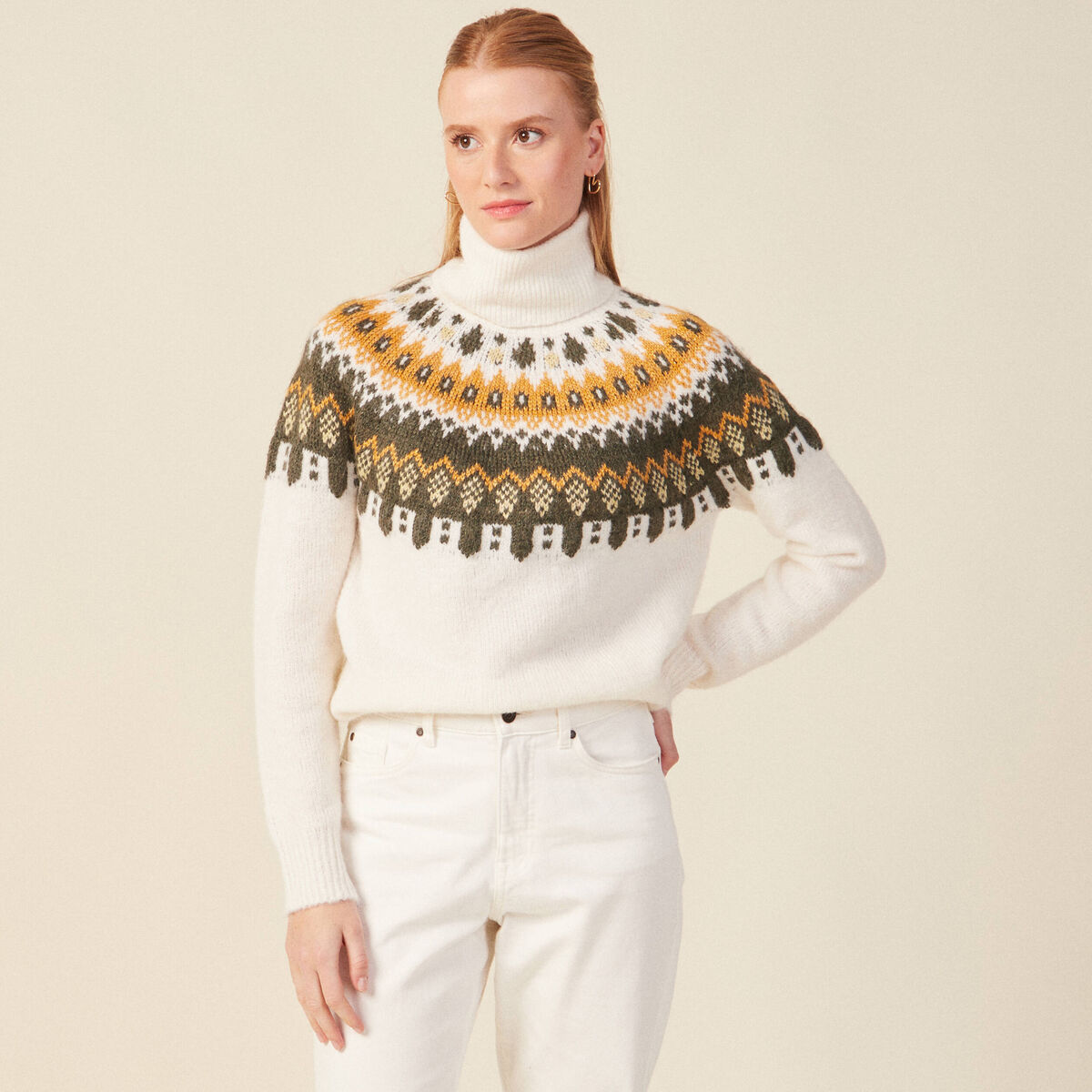 Pull manches longues col roulé ecru femme