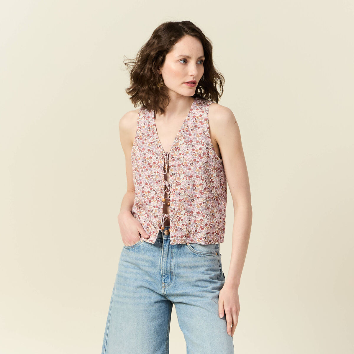Gilet sans manches noué ivoire femme