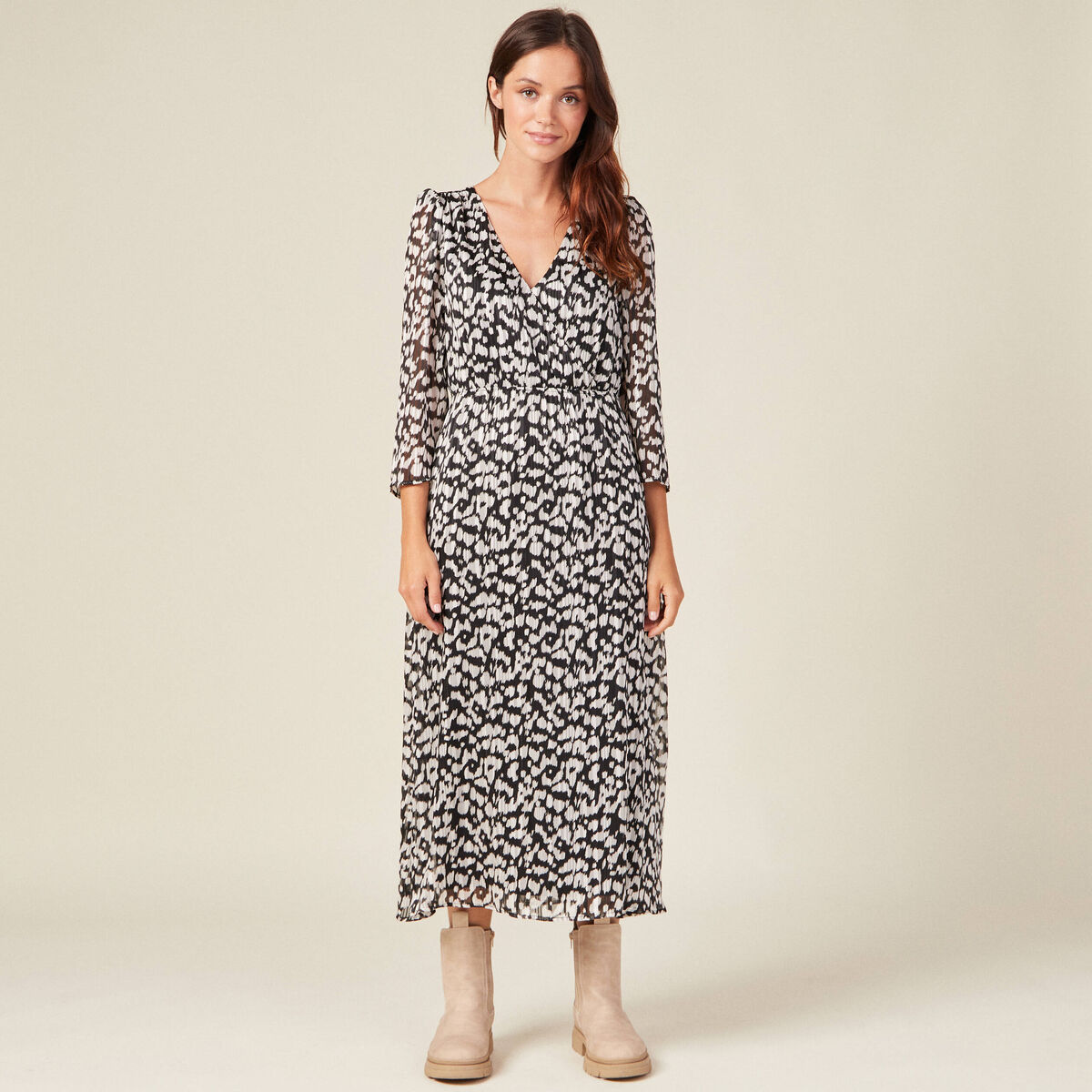Robe longue évasée manches 3/4 noir femme