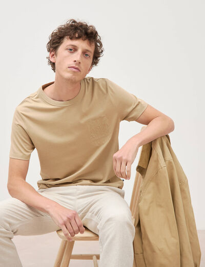 T-shirt col rond manches courtes brod&eacute; blanc homme