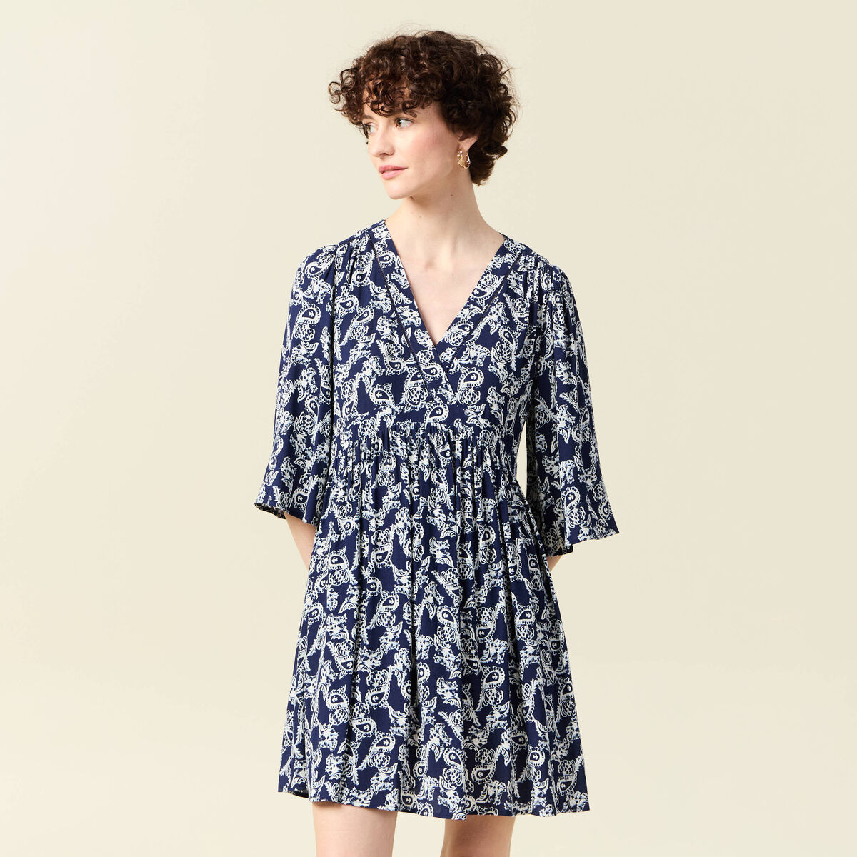 Robe évasée manches 3/4 bleu marine femme