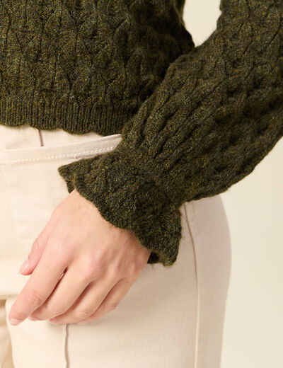 Gilet ajour&eacute; droit court col v vert kaki femme