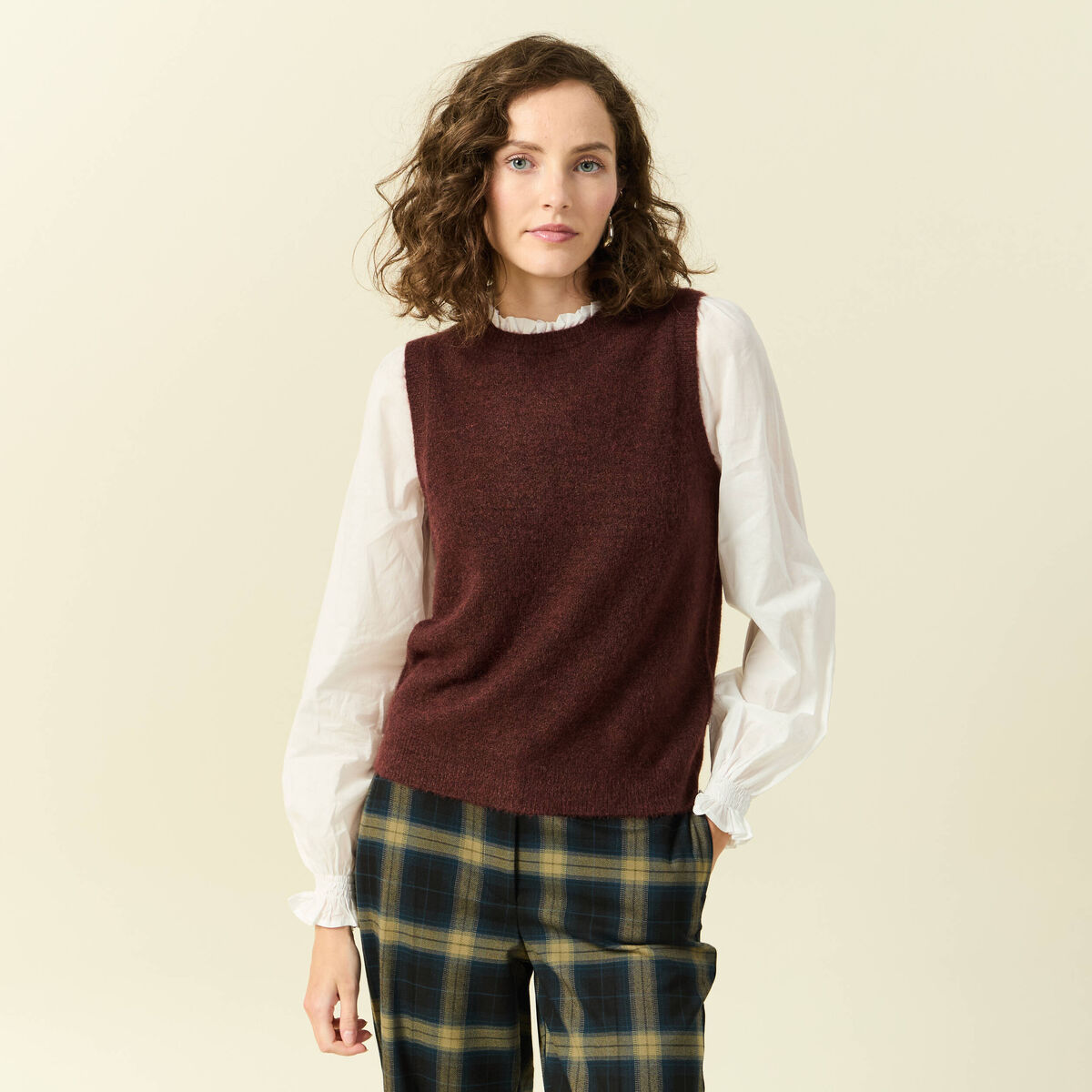 Pull 2 en 1 col rond manches longues marron femme